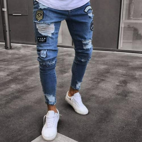 Jeans Pants Trousers Denim Street Trendy Knee Piercing Embroidered Zipper Slimming Commuter Small Leg for Men4