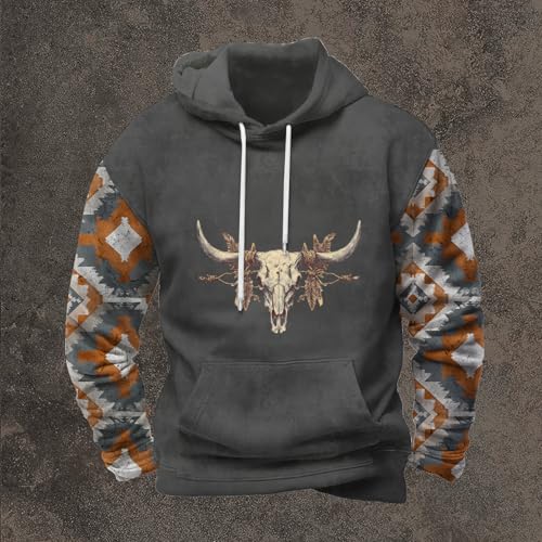 Men's Aztec Hoodies 2025 Trendy Graphic Western Sweatshirts Hooded Patchwork Cowboy Outfits with Kangaroo Pocket3