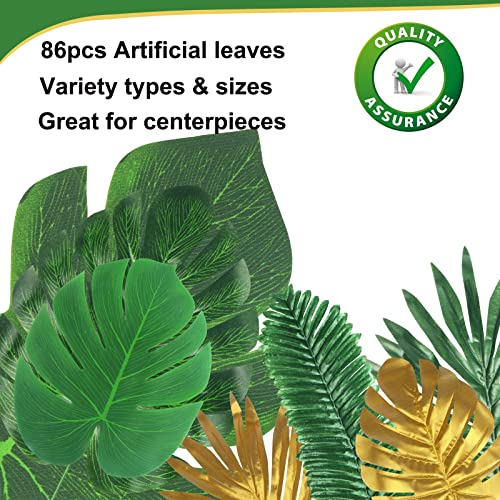 86Pcs 8Kinds Artificial Tropical Palm Leaves Jungle Safari Leaves Faux Plant Golden Leaves Decorations For Hawaiian Beach Birthday Luau Party Table Decorations #TOP5