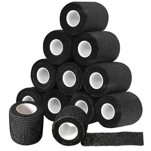 12 Rolls Black Self Adhesive Bandage Wrap SAREAL 5cm x 4.5m Athletic Wrap Self Adhesive Cohesive Bandage Sock Wrap Football Ankle Tape Pet & Vet Wrap for Dogs Horses