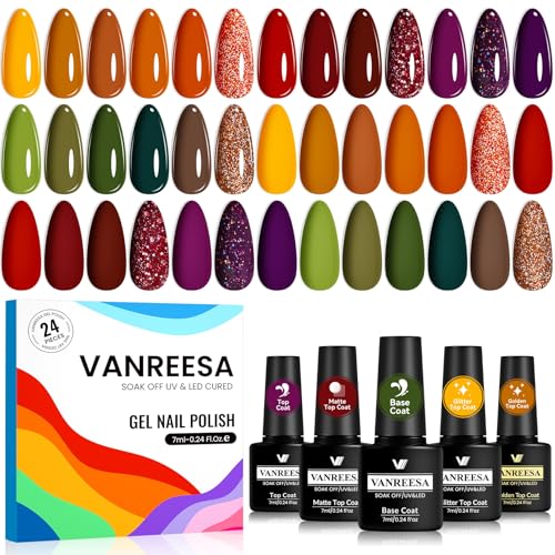 VANREESA 24 Pcs Fall Gel Nail Polish Set -Fall Colors Gel Polish with Base Coat & 4 Effects of Top...