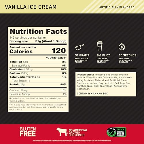 Optimum Nutrition Gold Standard 100% Whey Protein Powder, Vanilla Ice Cream, 10 Pound (Packaging May Vary) - Image 4