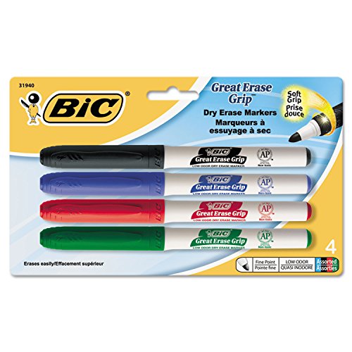 BIC Products - BIC - Great Erase Grip Dry Erase Whiteboard Markers, Fine Point, Assorted, 4/Set - Sold As 1 Set - Better writing comfort thanks to the rubberized grip. - Use on whiteboards, glass and most nonporous surfaces. - Fine tip for precise ma