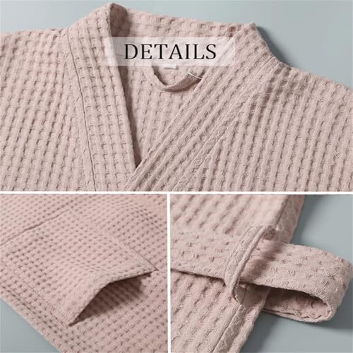 Waffle Bathrobe for Men Women, 100% Cotton Kimono Robes with Pockets & Belt, Soft Absorbent Knee-Length Robe for Bath Spa3