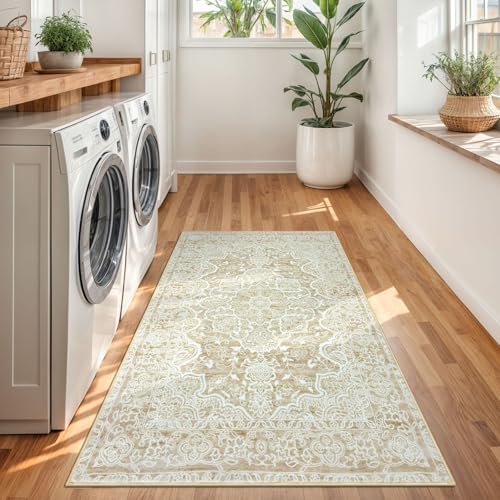 KUTA Vintage Floral Rug 3x5, Area Rugs for Living Room Beige Yellow Washable Kitchen Carpet Non-Slip, Ultra Soft Printed Distressed Vintage Entry Low-Pile Throw for Living Room Dorm Décor