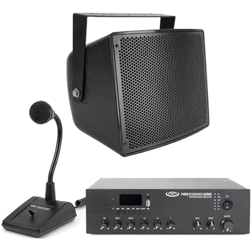 Pure Resonance Audio Paging Sound System with 1 S10 All-Weather Stadium Loudspeaker, 120 Watt Bluetooth Mixer Amplifier & Push-to-Talk Microphone