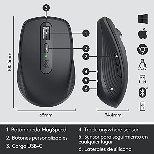 Mouse sem fio Logitech MX Anywhere 3 Compacto, Confortável, Uso em Qualquer Superfície, USB Unifying ou Bluetooth, Recarregável para Apple Mac, iPad, Windows PC, Linux, Chrome - Grafite glide