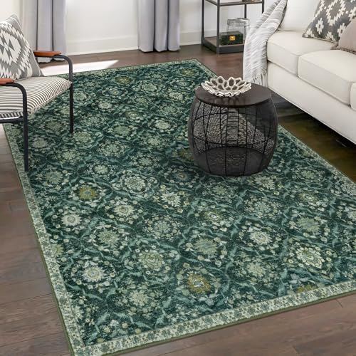 KILOCOCO 5x7 Area Rug, Moroccan Super Soft Washable Living Room Vintage Rug, Non-Slip Large Print Faux Wool Throw Indoor Rug for Entryway Bedroom Office Carpet, Dark Green