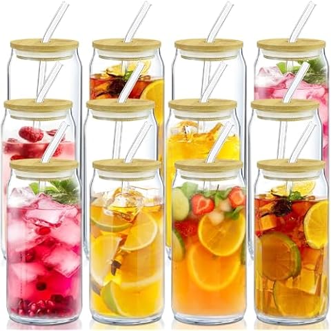 AiHeart Glass Cups with Lids and Straws 12pcs set,20 oz Drinking Glasses,Beer Can Shaped Glasses,Iced Coffee GlassCup,Cute Tumbler,Beer Cup for Cocktail,Whiskey Cover