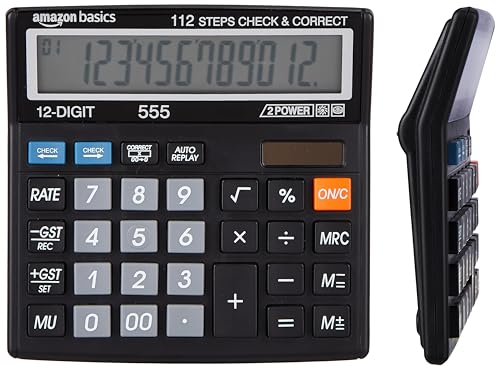 Image of Amazon Basics AB-555 12 Digits GST & Tax Calculator with 112 Steps Check and Correct, Basic Calculator, Black