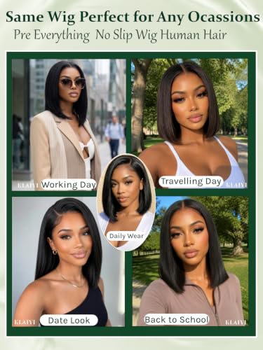 Image of KLAIYI Yaki Straight Bob Wig Human Hair Glueless Precut 7x5 Lace Wig 14Inch | Bye Bye Slip Drawstring 180% Density Pre Plucked Bleached Knots Pre Eeverything Lace Front Wigs 30S Ready to Wear and Go Wig