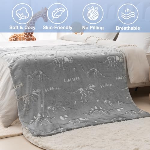 Image of Dinosaur Toys for Kids 3-5 Glow in The Dark Blanket Dinosaur Blanket Dino World Christmas Birthday Easter Gifts for 2 3 4 5 6 7 8 Year Old Boy Girls Toddler Gray Glowing Dinosaurs Room Decor 50 inchx60 inch