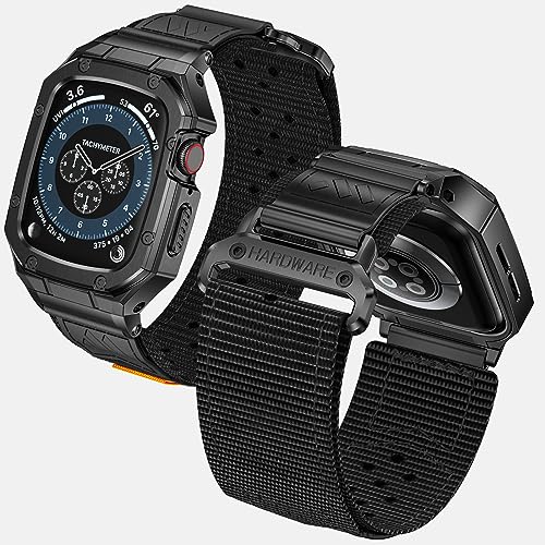 Image of BAITEYOU Band with Case Compatible with Apple Watch Band Series 6 5 4 SE 3 2 1 44mm 42mm, Nylon Strap with Stainless Steel Metal Rugged Case Cover for iwatch Bands for Men
