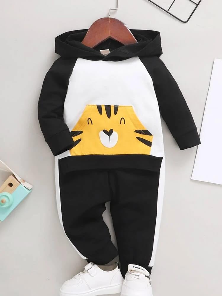 Image of Kwikk Fancy Dresses Animal Tiger Fleece Tracksuit Cotton Full Sleeves T-Shirt and Pant Set for Baby Printed Sweatshirt Boys and Girls Winter Clothing Set Black
