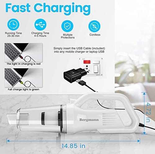 Image of Bergmann Vector Cordless + Corded 2in1 Handheld Car & Home Vacuum Cleaner | 120W | 6000mAH Large Rechargeable Battery | HEPA Filter, 3 Attachments, Travel Bag | White