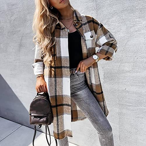 Fashion Shacket Jacket Women Long Sleeve Open Front Cardigan Plaid Printing Blouse Woolen Coat Fall Outerwear Tops2