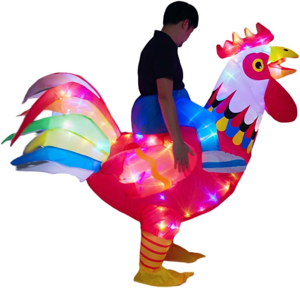 Adult Inflatable Ride-on Rooster Costume, Man Women Chicken Suit with LED Lights Funny Glow for Halloween Christmas (Red Rooster, Adult)
