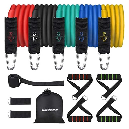 SGODDE Bandas de Resistencia Elásticas, Juego de 13 Piezas Bandas Elásticas Fitness con 5 Tubo de Látex, 4 Manijas, Ancla de Puerta, 2 Correas de Tobillo,Bandas Elasticas Musculacion Fitness, Yoga