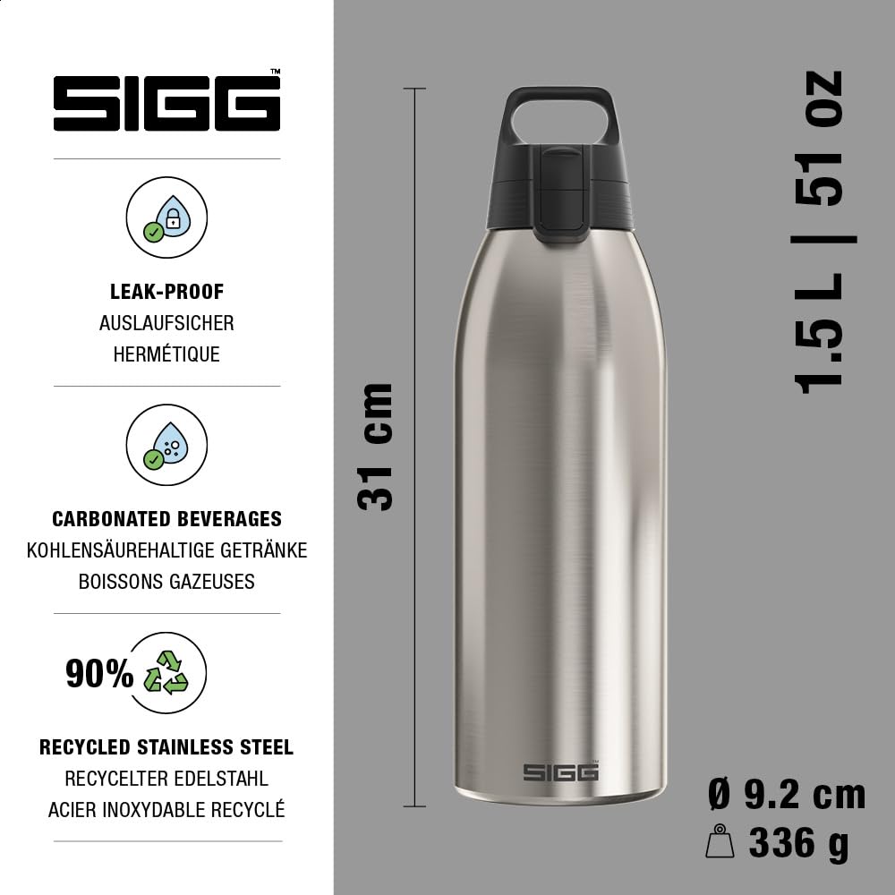 SIGG - Botella térmica con aislamiento - Termo Shield Therm One Brushed - Bebidas carbonatadas - A prueba de fugas - Apto para lavavajillas - Sin BPA - 90% acero inoxidable reciclado - Plata - 1,5 L