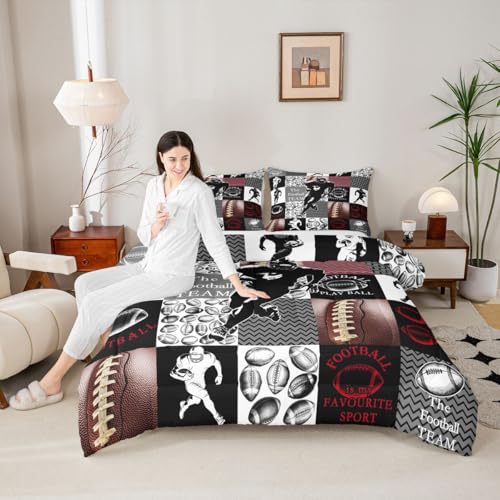 Image of Feelyou Football Comforter Set King Size Sports Geometric Black Patchwork Bedding Set for Kids Boys Girls Rugby Gaming Sports Duvet Quilt Bedroom Decor Microfiber 3 Pcs with 2 Pillow Cases