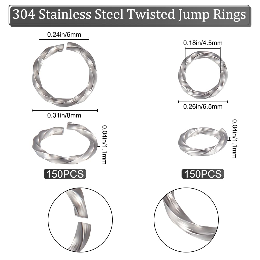 Beebeecraft 1 Box 300Pcs 2 Size Twisted Jump Rings Stainless Steel Open Single Loop Small Circle Frames Key Chain Links Connector Rings for Bracelet Necklace Jewelry Making 6.5/8mm