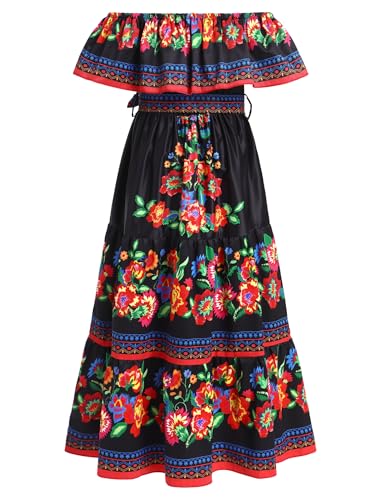 FYMNSI Girls Mexican Dress Spring Summer Off-Shoulder Ruffle Traditional Folk Maxi Dress Belted Cinco De Mayo Fiesta Sundress2
