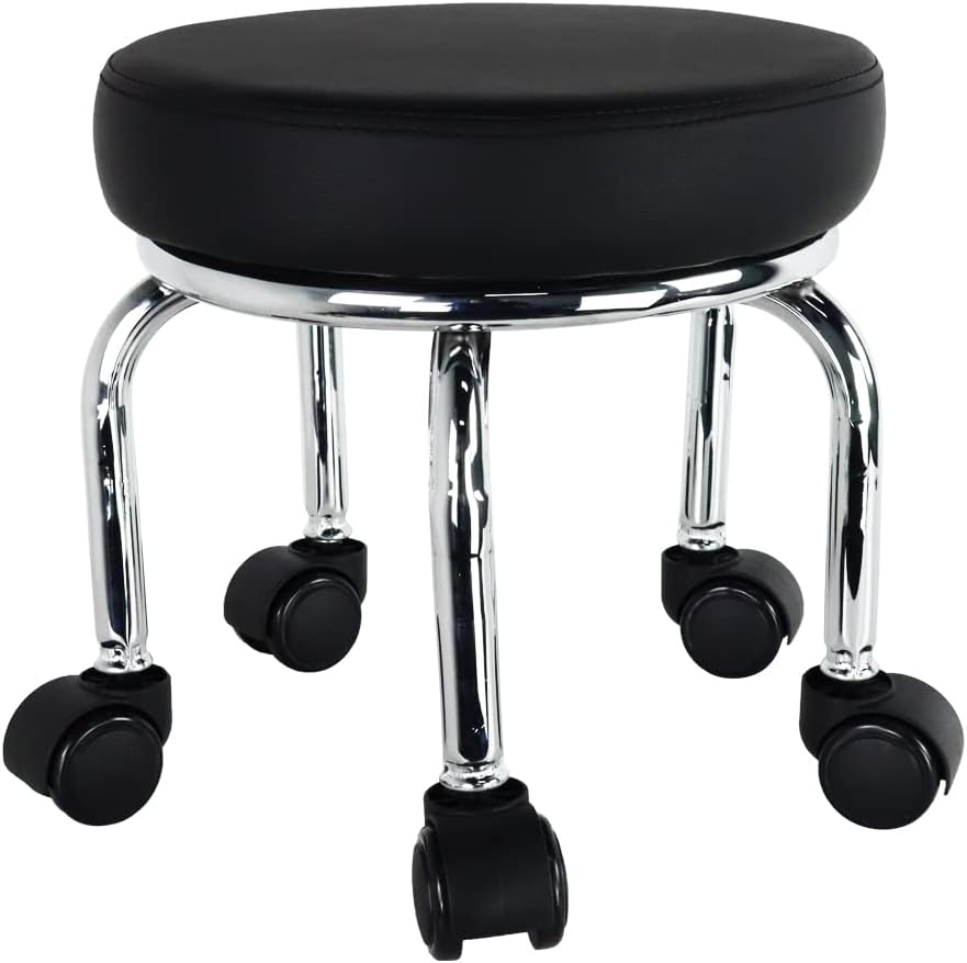 Small Rolling Stool PU Leather Roller Seat 360° Swivel Low Round Chair with Universal Caster Wheels for Home Massage Garden Office Garage Shop Fitness Sport,H：31.5cm（Black）