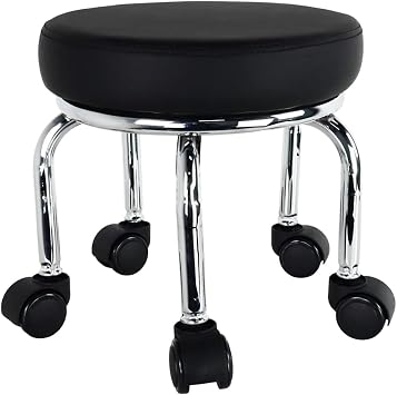 WKWKER Modern Roller Seat PU Leather Low Round Rolling Stool 360 Swivel Small Low Seat with Universal Caster Wheels Foot Stool for Home Office Garage Shop Fitness Sport H12.4" Black