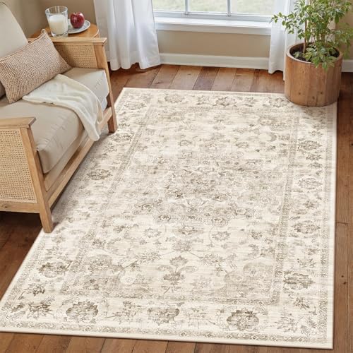WondRg 3x4 Washable Neutral Area Rug Beige Entryway Kitchen Non-Slip Low Pile Floral Carpet Vintage Soft Thin Throw Rug for Entrance Bathroom Indoor Door Mat Dorm Dining Room