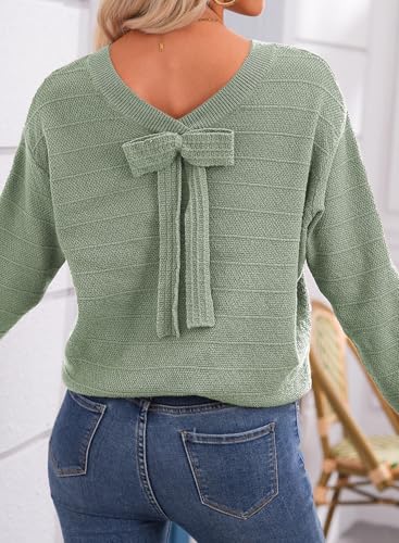 EVALESS Sweaters for Women Long Sleeve Fall Outfits 2025 Back Bow Knot Sweaters Round Neck Solid Knit Pullover Tops4