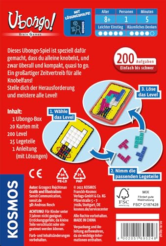 KOSMOS 695248 Ubongo! Brain Games, Knobel-Spaß für 1 Person, Gehirn-Jogging mit 200 Aufgaben, Verschiedene Levels, handliche Box für unterwegs, Brain Teaser ab 8 Jahre, Konzentrationsspiel