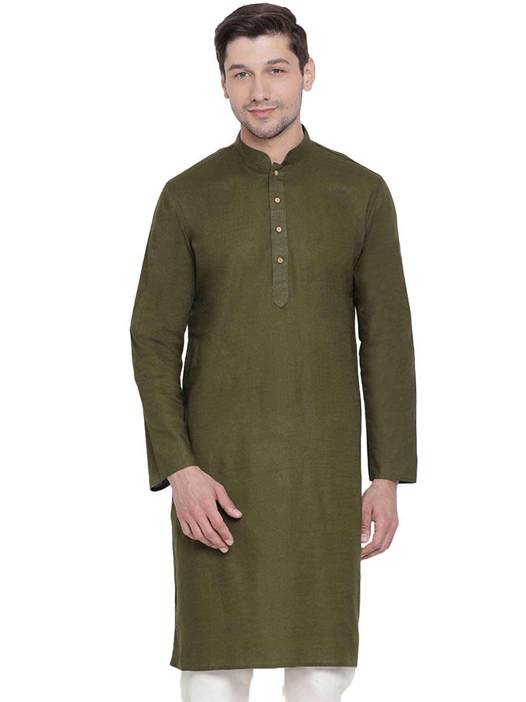 Vastramay Men's Mahendi Green Cotton Linen Blend Kurta | Traditional Indian Tunic | Casual Ethnic Wear | Wedding & Festive Partywear, Medium