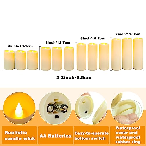 Image of YIWER Plastic Waterproof Flameless Candles Set of 24: Battery Operated Candles Ivory Flickering Pillar Candles Include 4 inch /5 inch /6 inch /7 inch with 10-Key Remote 2 /4 /6 /8H Timer Function