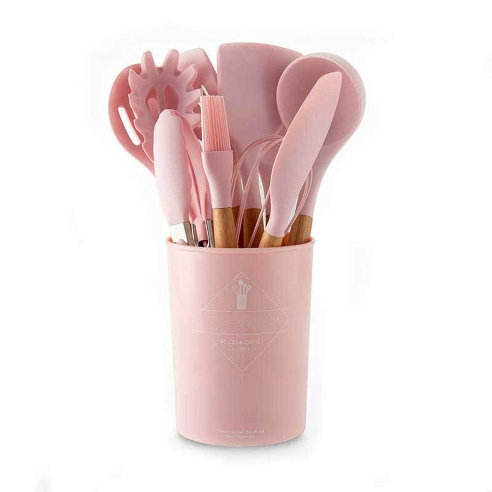 Juego de espátula de Silicona, Utensilios de Cocina, sartén Antiadherente, espátula de Cocina con Fugas Especiales, Mango de Madera Resistente a Altas temperaturas, Cubo de Almacenamiento