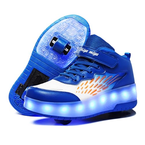 GIMKOUNN Roller Shoes for Girls & Boys - LED Lights, USB Charge, Beginner Trainers, Comfortable Skates - Size 1 Little Kid, Blue
