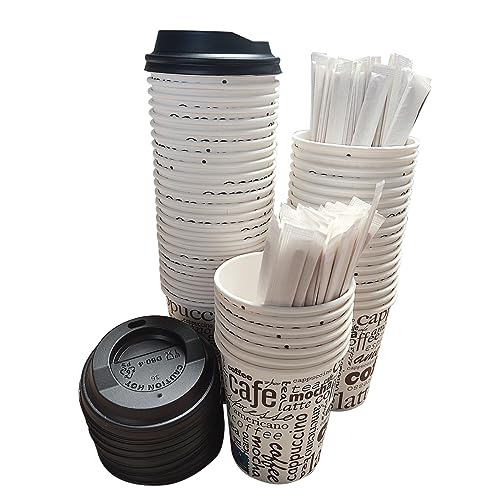100 Vasos Desechables Café de Papel Cartón de 240 ml con 100 tapas, Vasos Resistentes y Elegantes para Bebidas Calientes o Frías, Perfectos para Oficina y Hogar. Incluyen 100 Paletinas de Madera