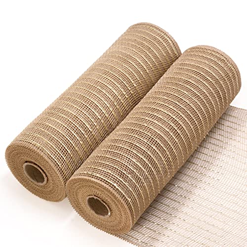 Koopi Deco Mesh 10 inch x 30 feet Each Roll, Set of 2 Tan Burlap with Champagne Metallic Foil Poly Mesh Ribbons for Wreaths, Swags, Craft, Party and Decorating Supplies- 2 Rolls