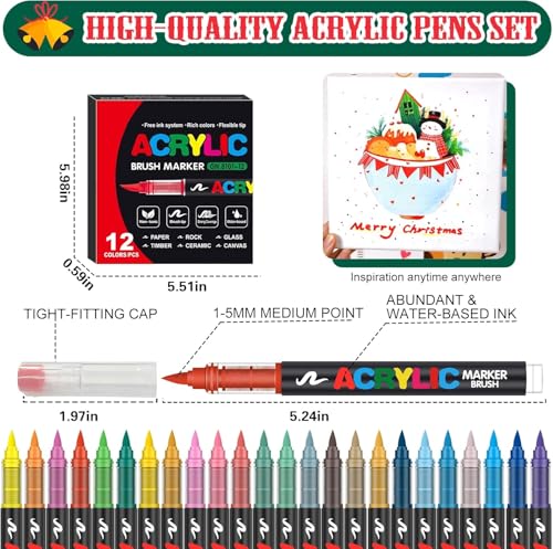 Image of Acrylic Paint Markers Brush Tip, 12 Vivid Colors with Direct-Liquid Ink System, Professional-Grade Paint Pen for Rock Painting, Canvas, Glass, Plastic, Fabric & Creative Crafts