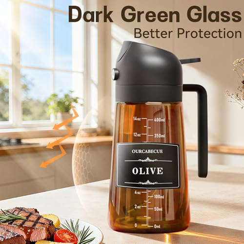Image of Olive Oil Sprayer & Dispenser for Cooking, 16oz Dark Glass Oil Mister, 2PC | 2-in-1 Oil Sprayer & Pourer, Fine mist, Light-Blocking, Wide Mouth, Easy Refill & Clean, 8 Oil Labels, Reusable, with Scale