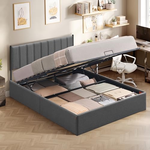 VASAGLE Struttura Letto, 160 x 200 cm, Letto Sollevabile con Contenitore, Testiera, Sollevamento Idraulico, Moderno e Semplice, Montaggio Facile, Grigio Scuro RMB615G02