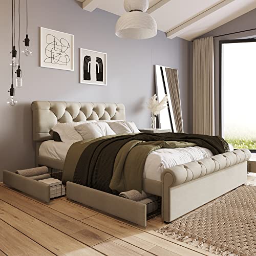 NNJN Cama de matrimonio acolchada Chesterfield natural con estructura de cajones, cabecero ajustable de altura, sin colchón (140 x 200 cm)