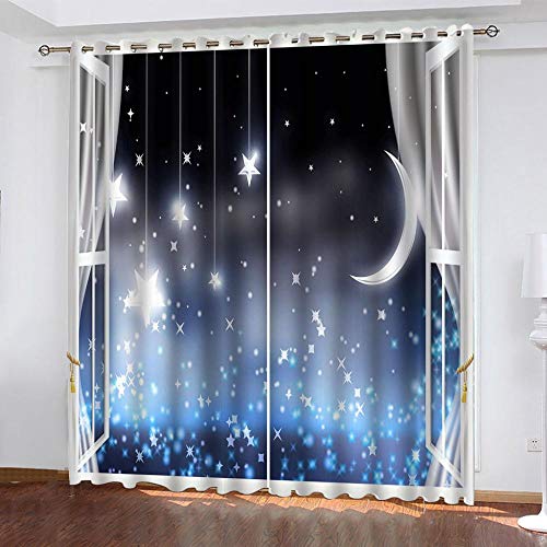 WMMTFT Rideau Occultant Chambre Fille - Fenêtre étoiles Lune - 3D Motif Thermiques Isolants 100% Polyester - 140 x 160 cm - pour Chambre a Coucher Salon Fenêtre Balcon, Polyester, Rideaux Occultants Cover