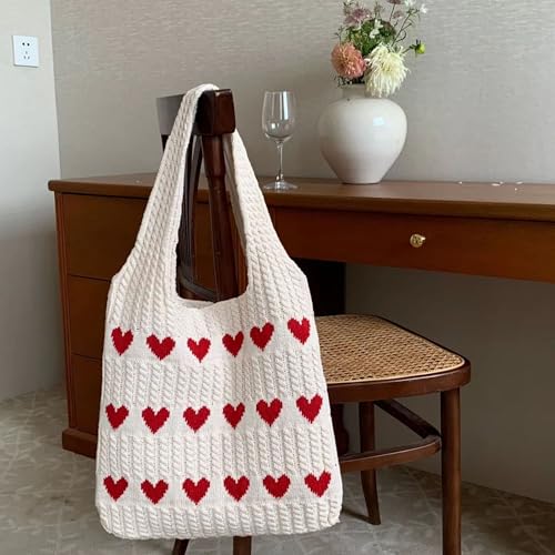 Image of Cotton Knitted Heart Pattern Tote Bag for Women - Large, Stylish & Durable Black Shoulder Handbag for Everyday Use, Travel, Shopping, Work & Beach (Pack of 1)