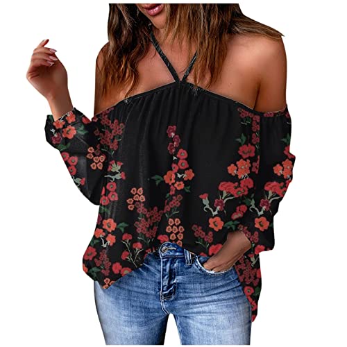 Blusa feminina de outono de verão com ombro de fora, manga comprida, frente única, estampada, frente