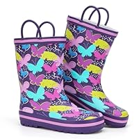 FUNCOO PLUS Toddler Wellies Kids Rubber Wellington Boots Waterproof Rain Boots for Boys and Girls with Handles Purple Butterfly Size 11
