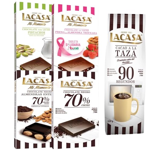 Lacasa pack de 5 tabletas de chocolate de diferentes sabores:taza 350g,leche pistacho 90g, leche fresa y almendra,negro, almendra 200g