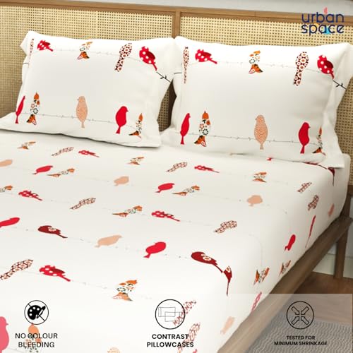 Image of Urban Space Divine Collection 144 TC 100% Cotton King Bedsheet with 2 Pillow Covers, Humming Bird Red