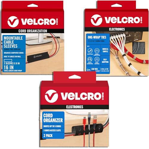 VELCRO Brand Complete Desk Cable Management Kit — 2 Sleeves + 150 Reusable Ties + Adhesive Mounts