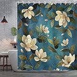 RosieLily Floral Shower Curtain Flower Shower Curtain Magnolia Shower Curtain with Hooks Teal Shower Curtain for Bathroom Elegant Pretty Blue Green Teal Bathroom Decor, 72' W x 72' H