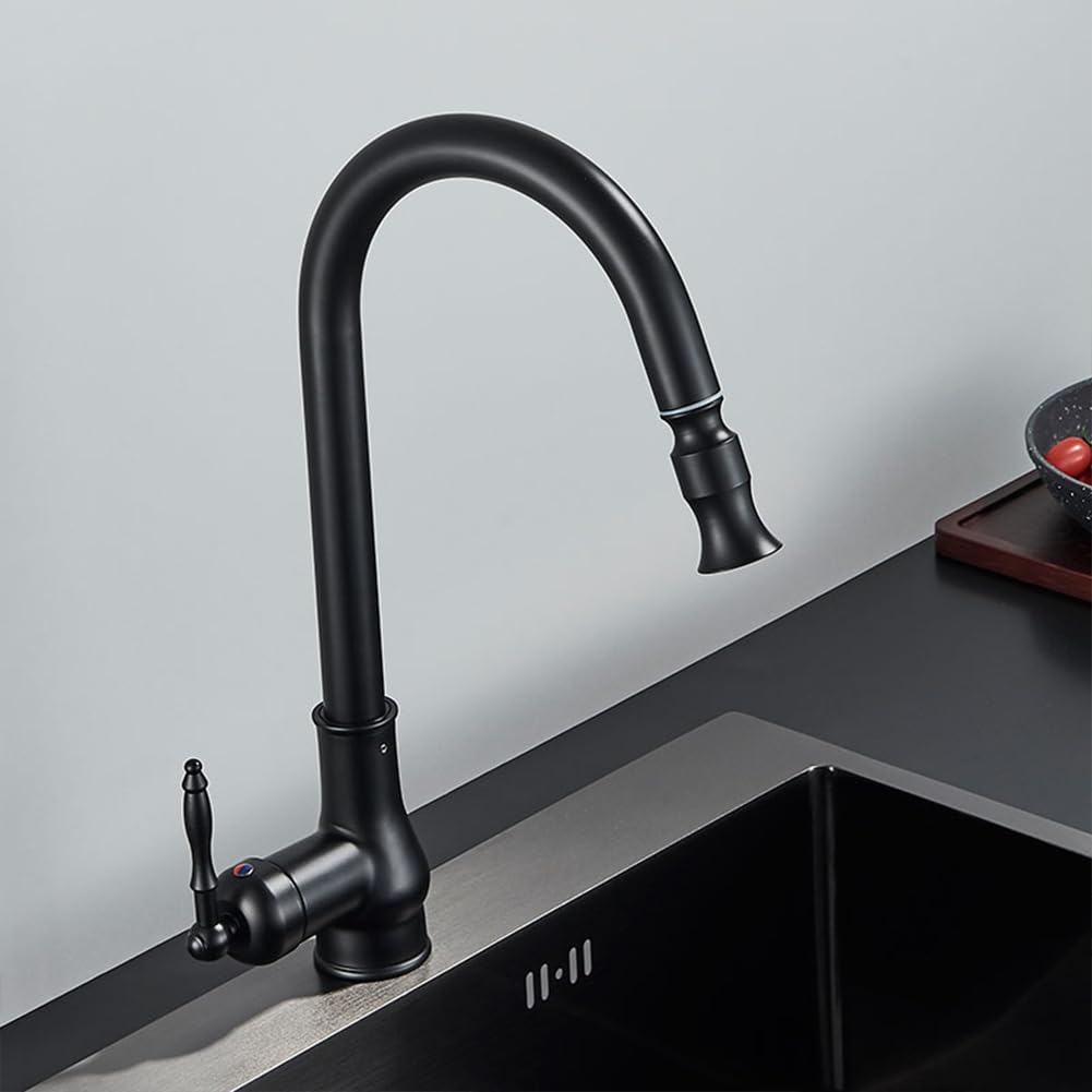 Wasserhahn Küche - Küchenarmatur Mit Brause Ausziehbar, Retro Antik Stil Messing Einhebel 360° Schwenkbar Spültischarmatur Mischbatterie, Hoher Auslauf Armatur Küche, Schwarz